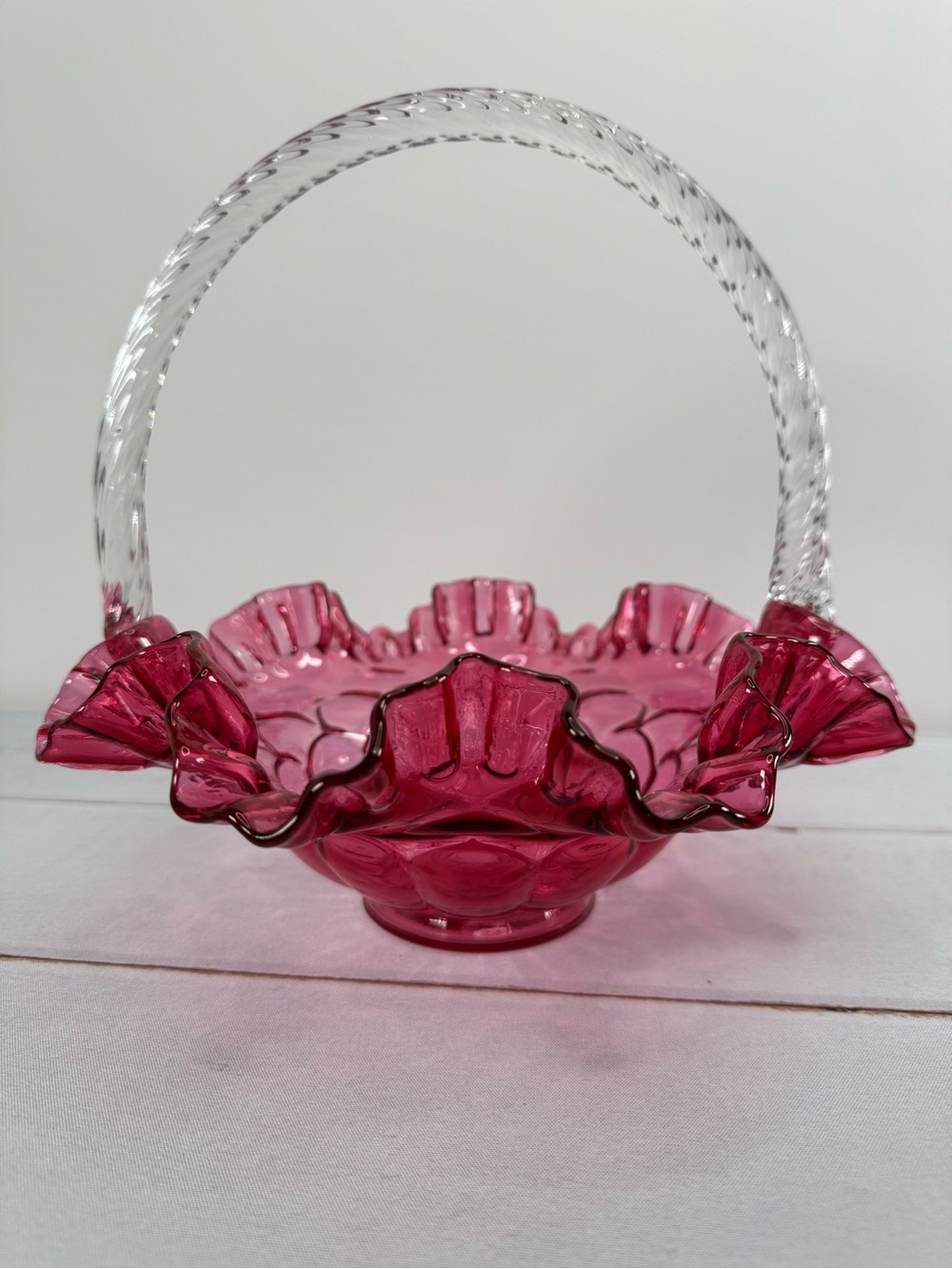 Vintage Fenton Cranberry Pink Glass Basket Ruffled Edge Clear Twist Handle